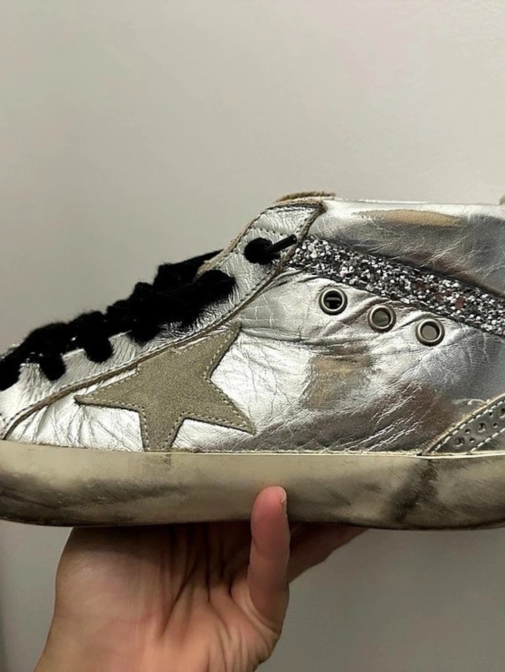 Golden Goose Slide High Top Sneakers Silver Glitter & Black Glitter.
